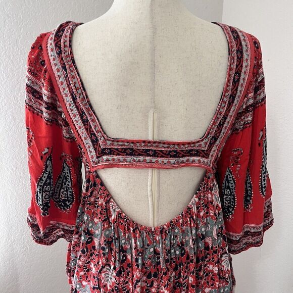 Free People Midsummers Dream Dress Size Small Red Floral Cutout Mini 1/2 Sleeve - Picture 6 of 10